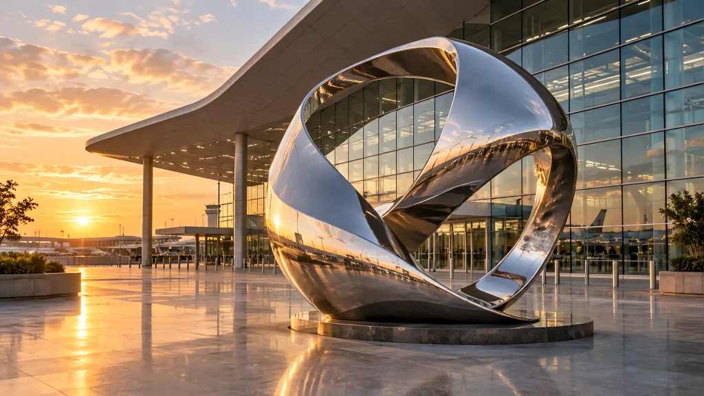Monumental mirror-polished stainless ribbon sculpture at an airport forecourt