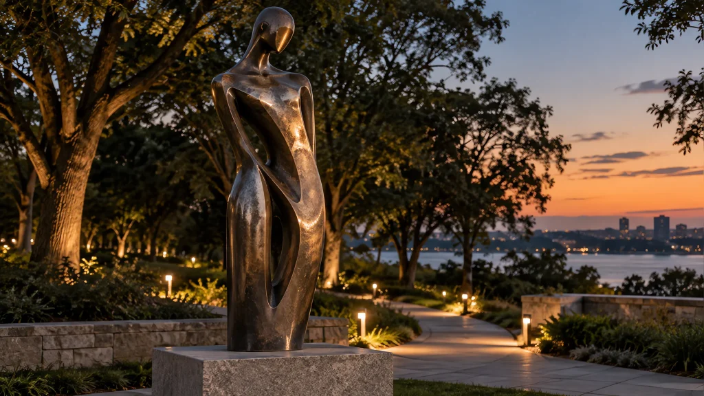 Bronze abstract human figure sculpture with dark patina in a public park at dusk