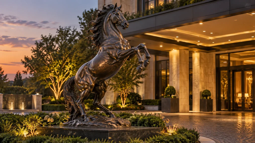 Bronze horse sculpture with dark patina at a hotel entrance