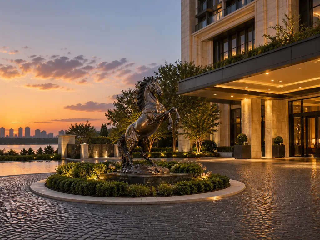 Wide establishing view of the bronze-horse stainless steel sculpture in its setting