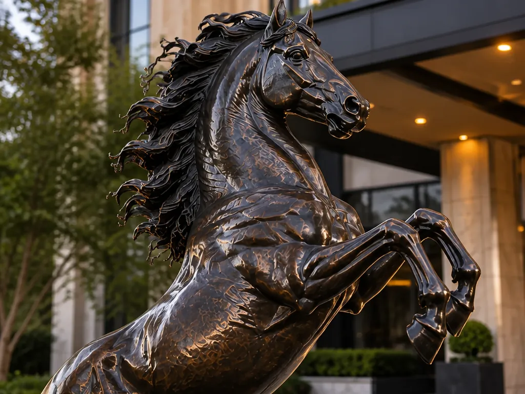 Close-up detail of the bronze-horse stainless steel sculpture showing its form and finish