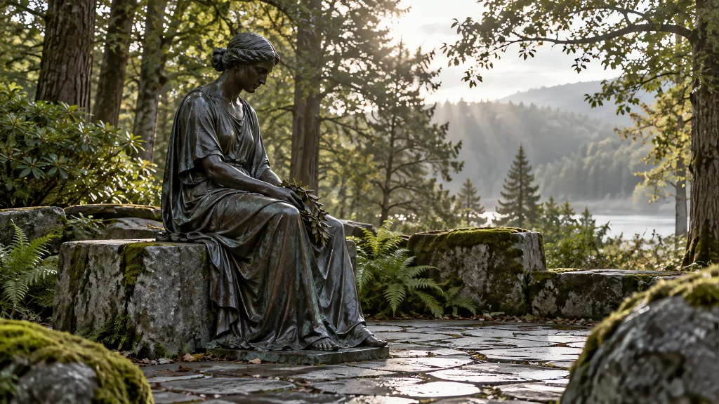 Bronze memorial figure with dark patina in a park