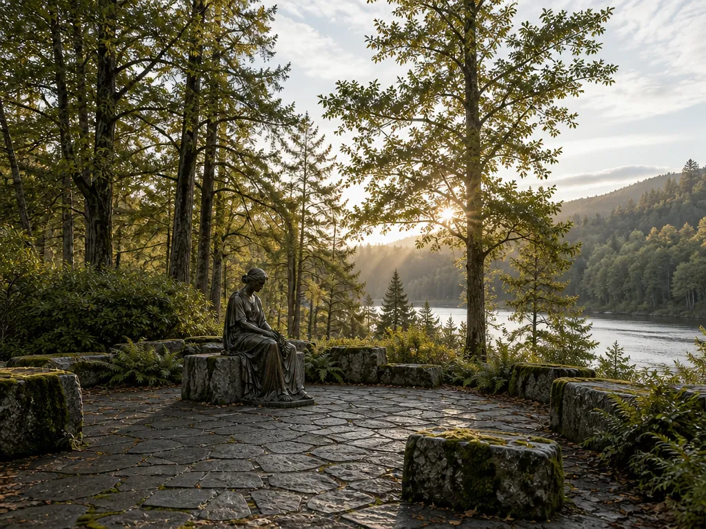 Wide establishing view of the bronze-park-memorial stainless steel sculpture in its setting