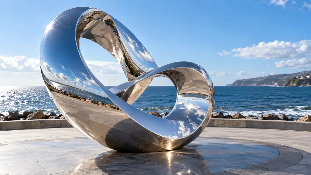 Mirror-polished 316 stainless sculpture on a coastal promenade
