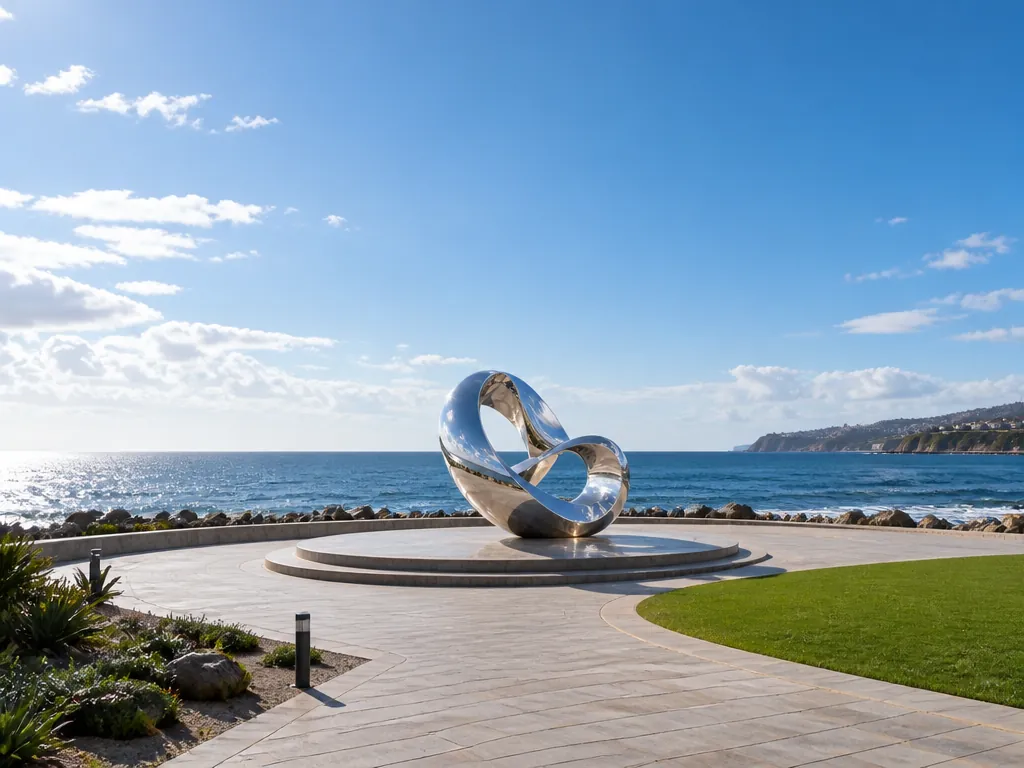 Wide establishing view of the coastal-sculpture stainless steel sculpture in its setting