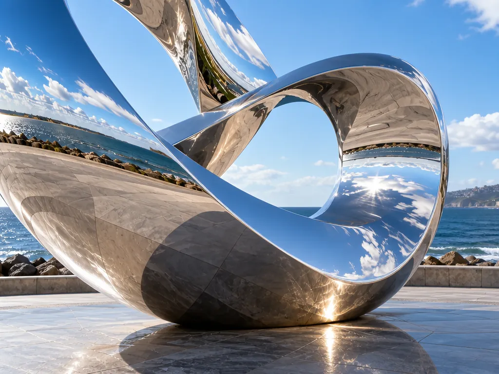 Close-up detail of the coastal-sculpture stainless steel sculpture showing its form and finish