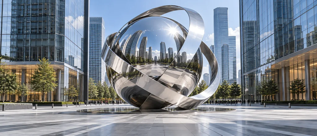 Monumental abstract mirror-polished stainless steel sculpture at a modern commercial plaza entrance