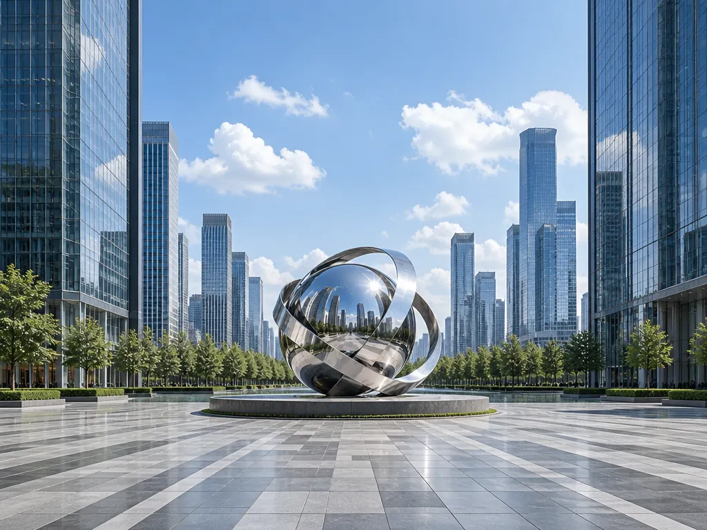 Wide establishing view of the commercial-plaza-landmark stainless steel sculpture in its setting