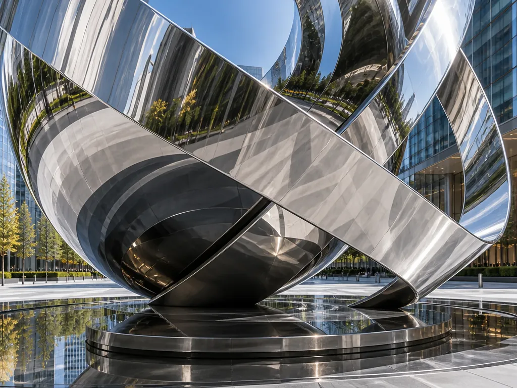 Close-up detail of the commercial-plaza-landmark stainless steel sculpture showing its form and finish
