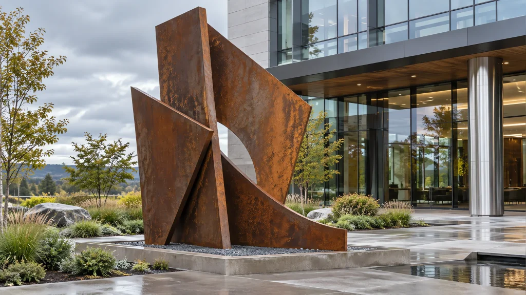 Sculptural corten weathering steel public art piece at a modern office building entryway