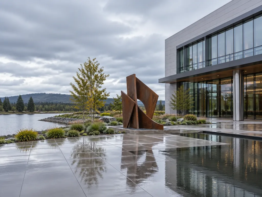 Wide establishing view of the corten-public-art-entryway stainless steel sculpture in its setting