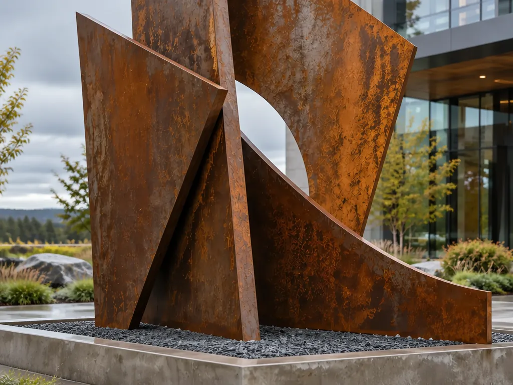 Close-up detail of the corten-public-art-entryway stainless steel sculpture showing its form and finish