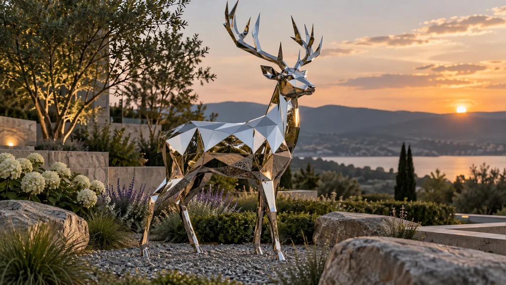 Geometric mirror-polished stainless deer in a landscaped garden