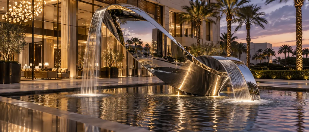 Large mirror-polished stainless steel water feature sculpture in a luxury hotel courtyard at dusk