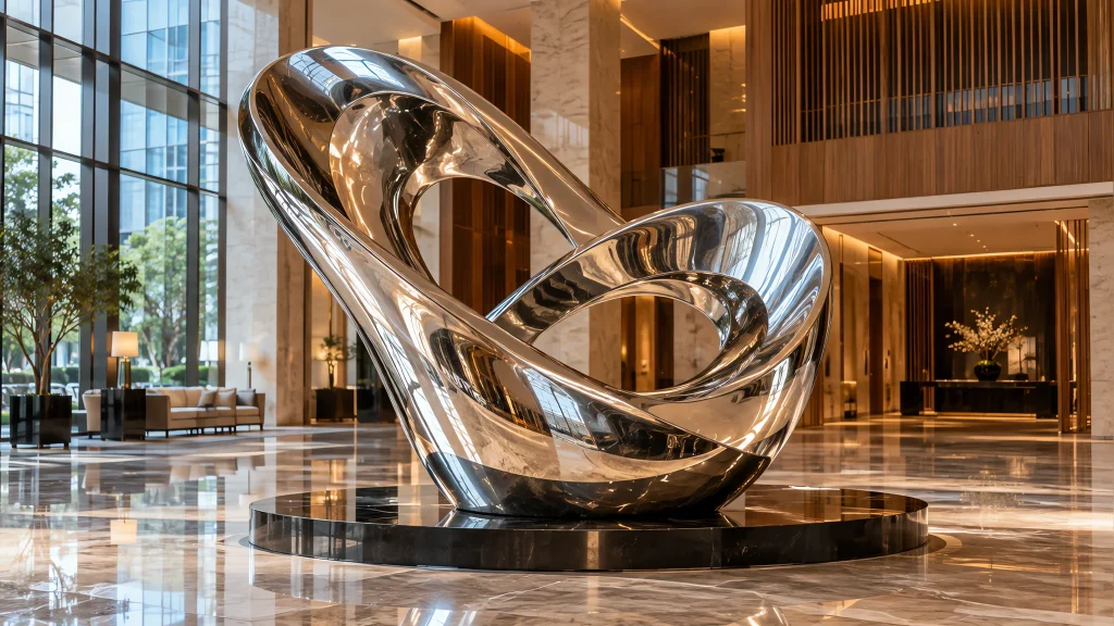 Mirror-polished stainless steel abstract sculpture in a luxury hotel lobby
