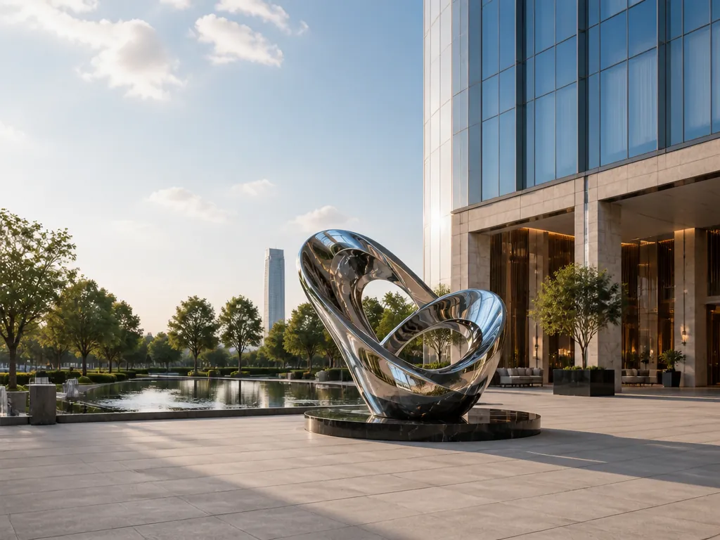 Wide establishing view of the hotel-lobby stainless steel sculpture in its setting
