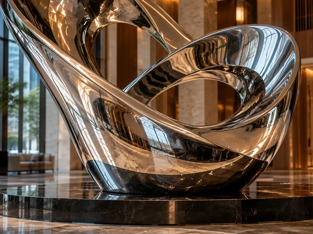Close-up detail of the hotel-lobby stainless steel sculpture showing its form and finish