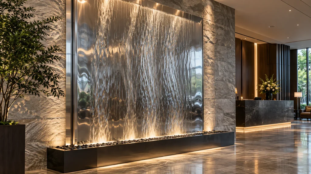 Stainless steel water wall at a hotel reception