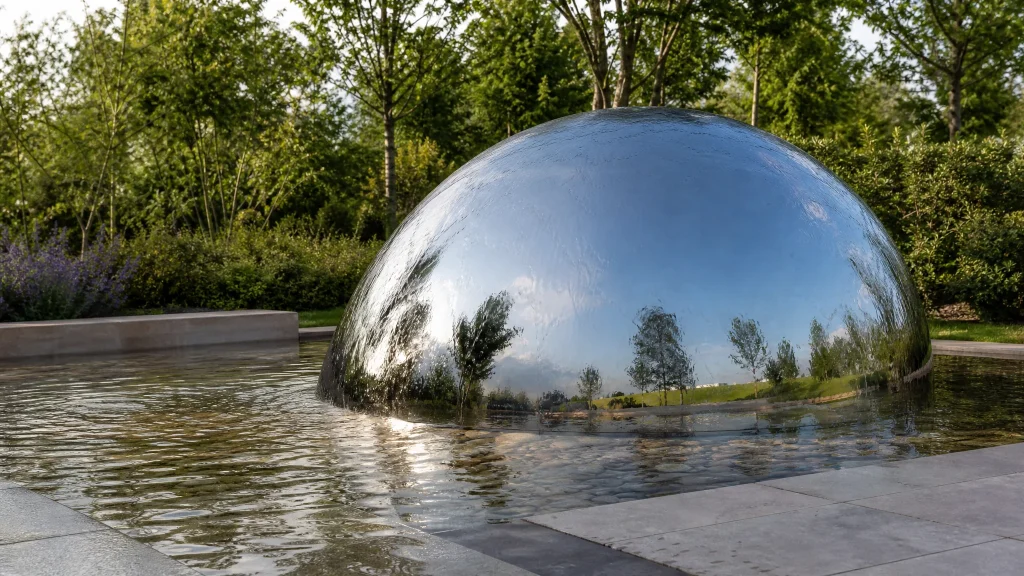 Mirror-polished stainless steel sphere sculpture in a landscaped garden water feature