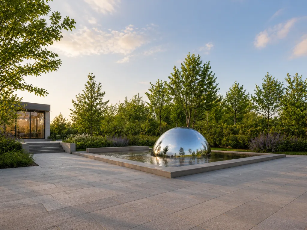 Wide establishing view of the mirror-ball-garden-installation stainless steel sculpture in its setting