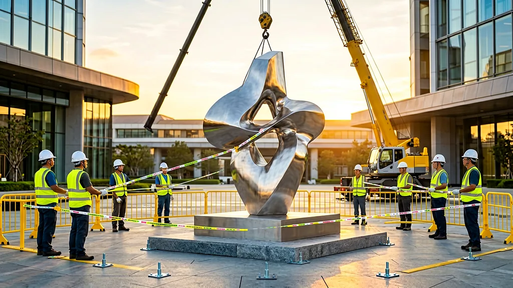 Safe crane-assisted installation of a stainless steel sculpture