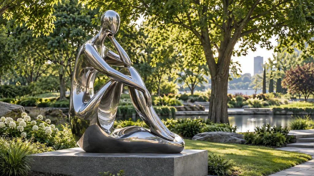 Abstract stainless steel human figure sculpture in a park