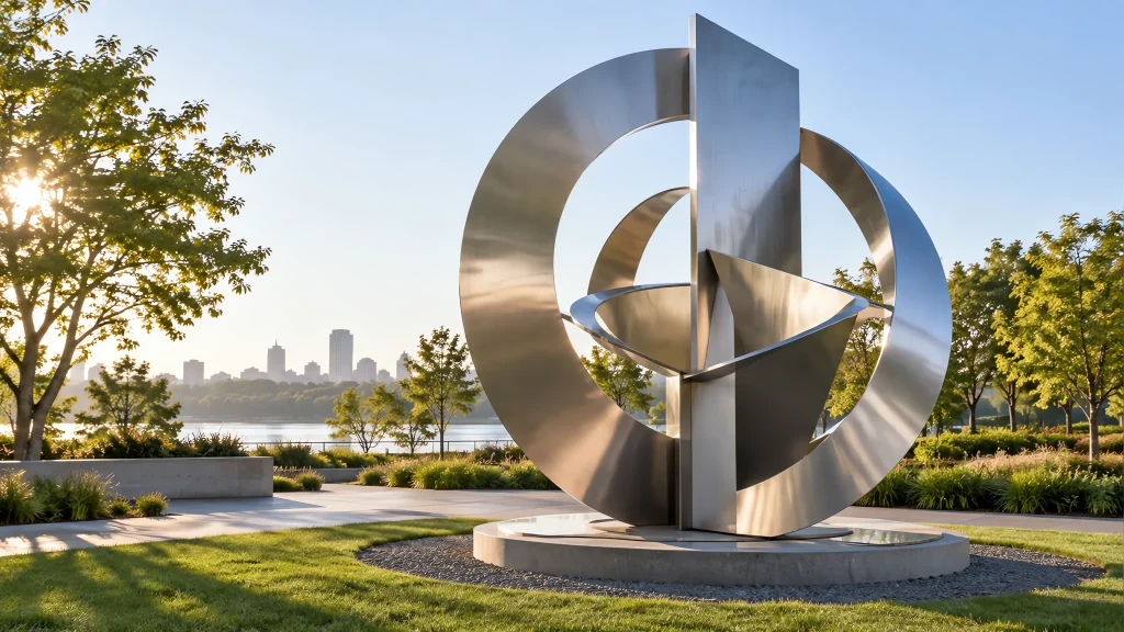 Brushed stainless steel geometric sculpture in a public park