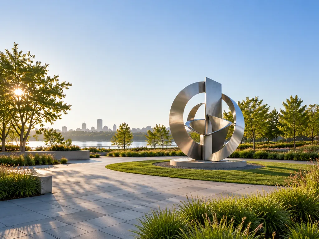 Wide establishing view of the park-geometric stainless steel sculpture in its setting