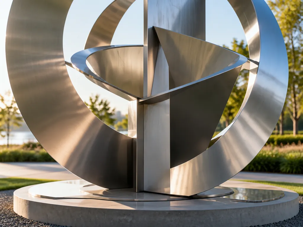 Close-up detail of the park-geometric stainless steel sculpture showing its form and finish