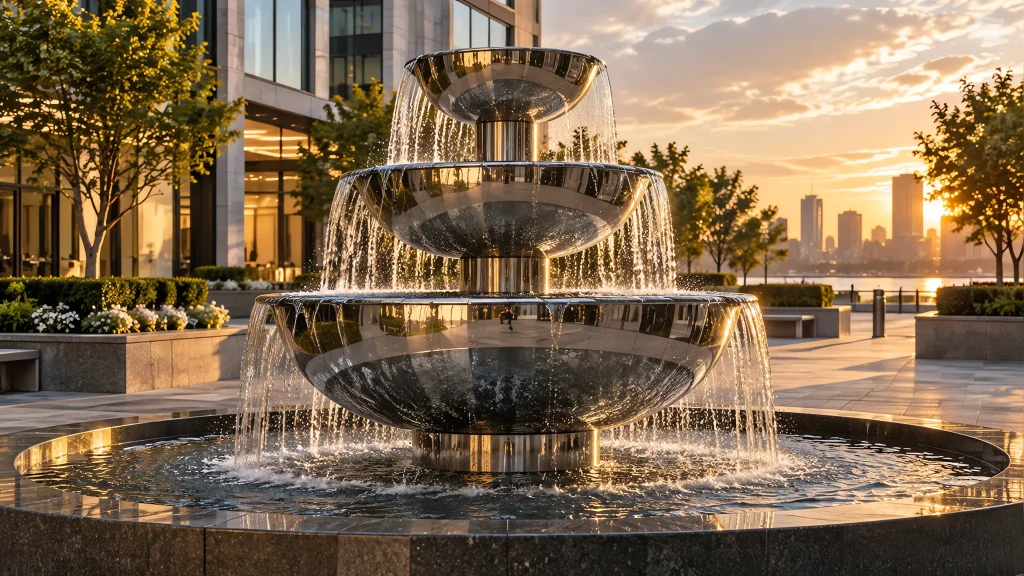 Stainless steel tiered fountain at a commercial plaza