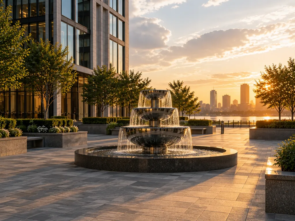 Wide establishing view of the plaza-fountain stainless steel sculpture in its setting