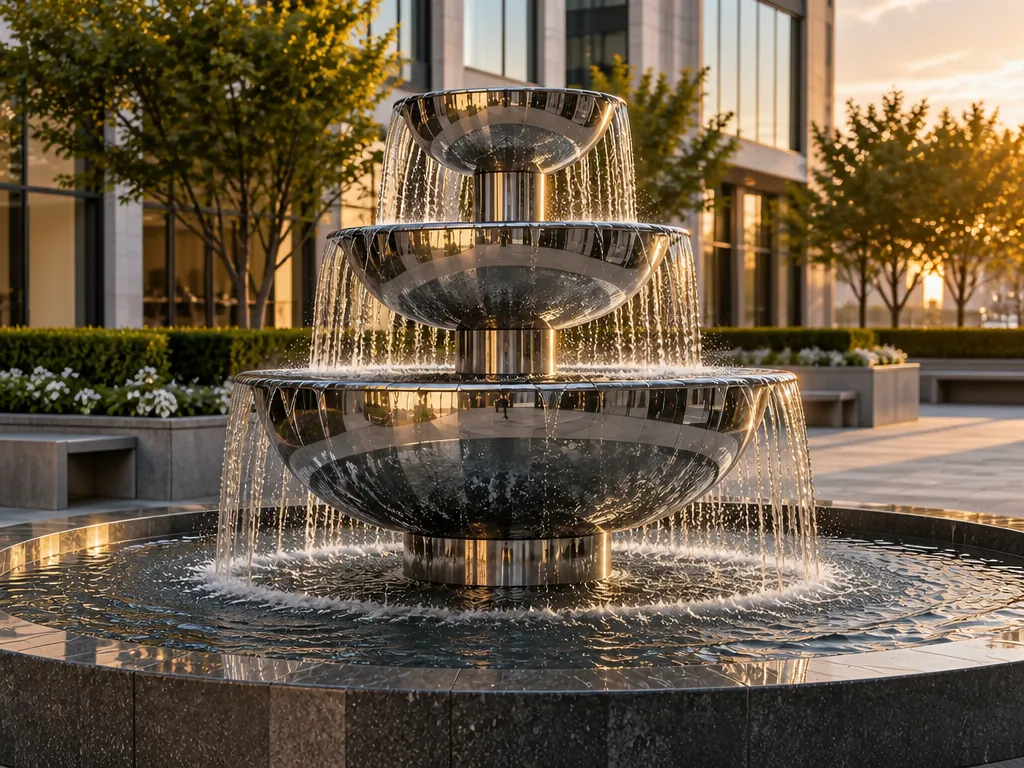 Close-up detail of the plaza-fountain stainless steel sculpture showing its form and finish