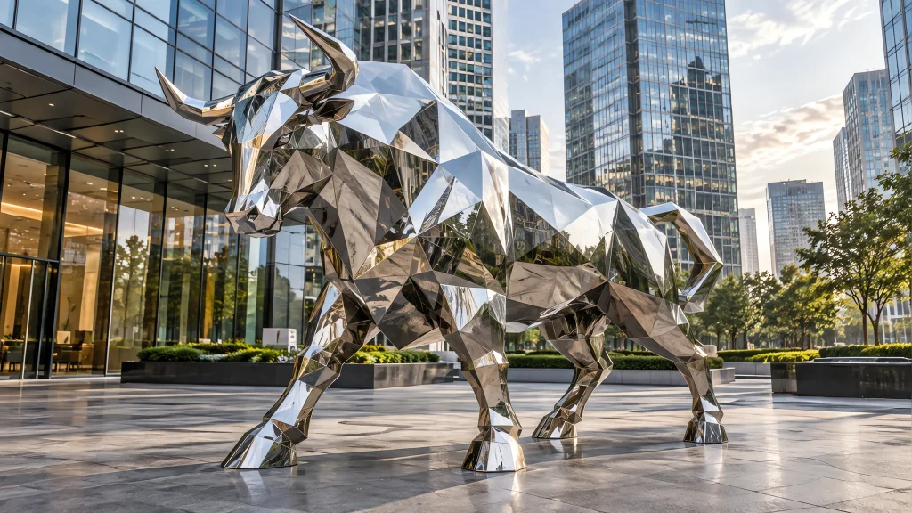 Geometric mirror-polished stainless steel animal sculpture at a commercial plaza