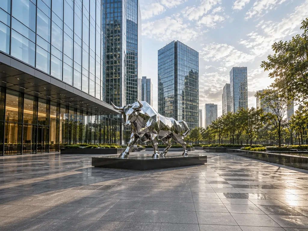 Wide establishing view of the plaza-metal-animal stainless steel sculpture in its setting