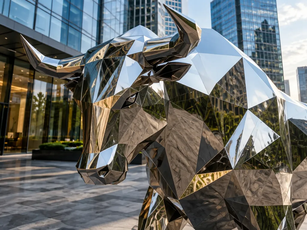 Close-up detail of the plaza-metal-animal stainless steel sculpture showing its form and finish