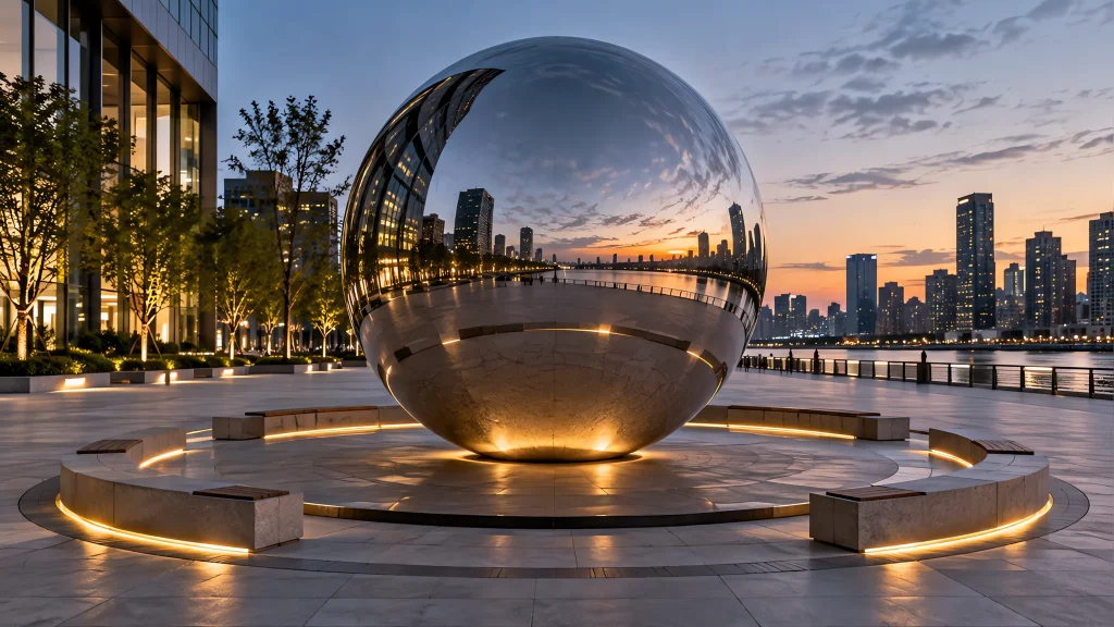 Mirror-polished stainless sphere ringed by seating at a plaza