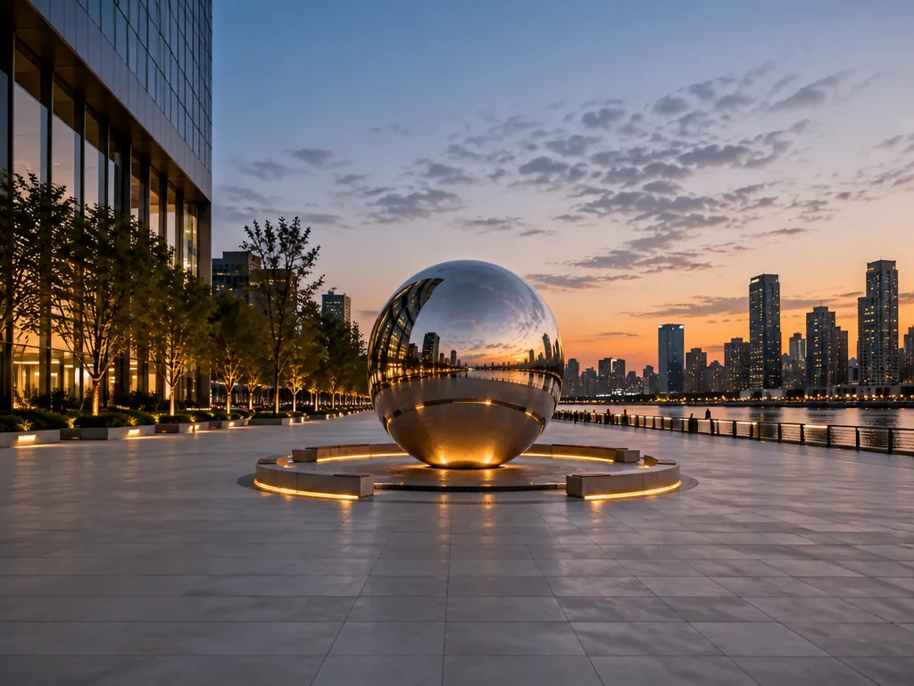 Wide establishing view of the plaza-sphere stainless steel sculpture in its setting