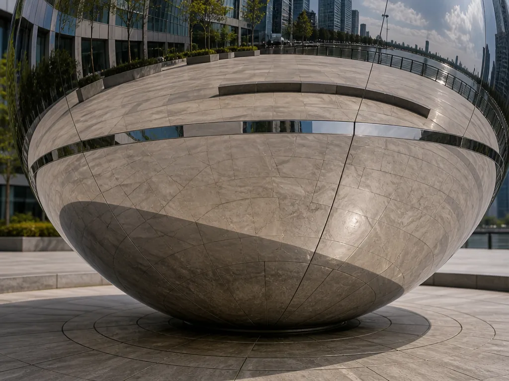 Close-up detail of the plaza-sphere stainless steel sculpture showing its form and finish