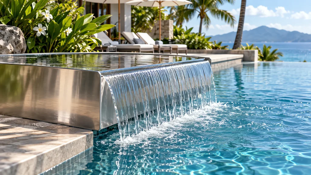 Stainless steel water feature pan spilling water at a hotel pool edge