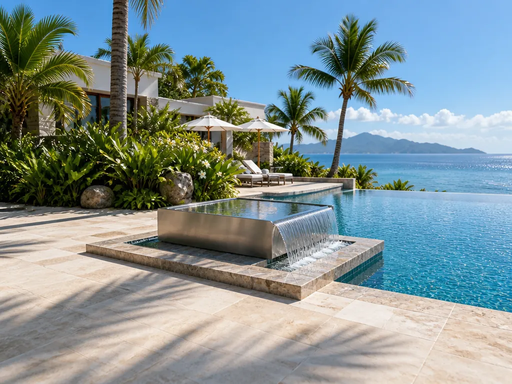 Wide establishing view of the pool-water-feature-pan stainless steel sculpture in its setting