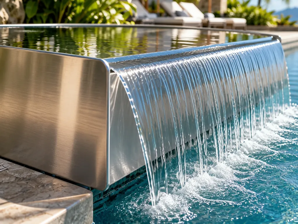 Close-up detail of the pool-water-feature-pan stainless steel sculpture showing its form and finish