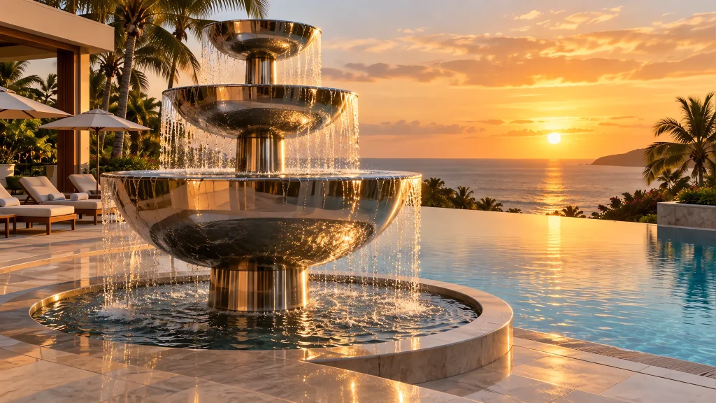 Stainless steel three-tier fountain sculpture beside a resort infinity pool at golden hour