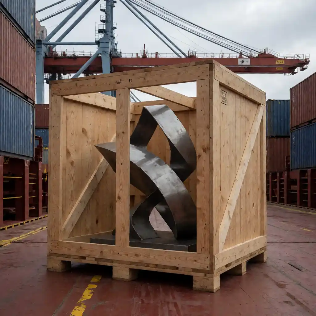 Craded stainless steel sculpture on a container ship deck