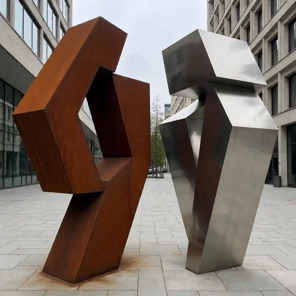 Corten steel and polished stainless steel public art sculptures side by side
