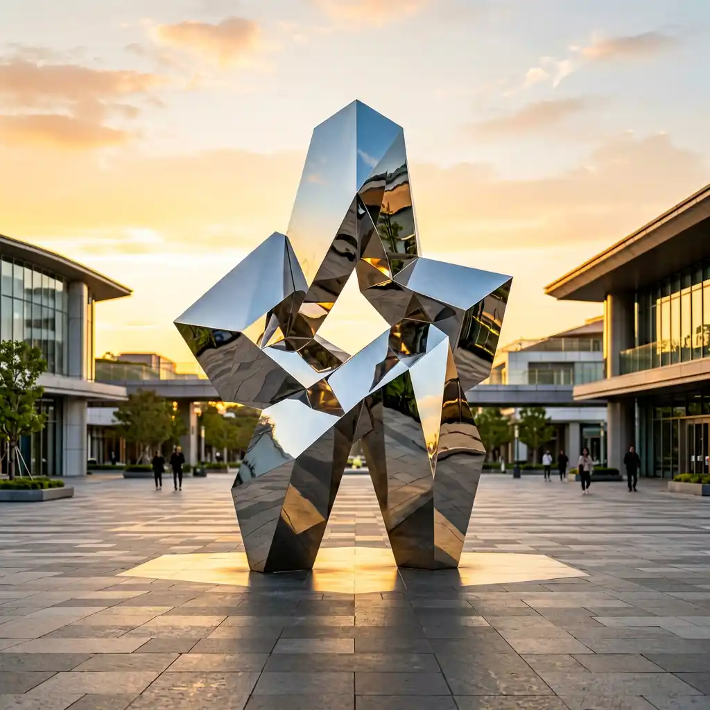 Large mirror-polished stainless steel sculpture in a commercial plaza