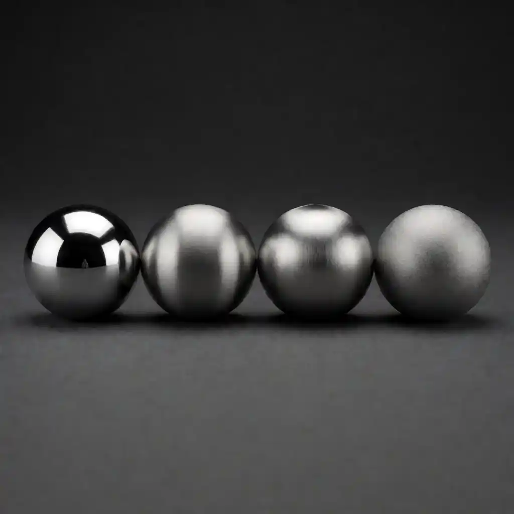 Four stainless steel spheres showing mirror, brushed, hairline and bead-blasted finishes