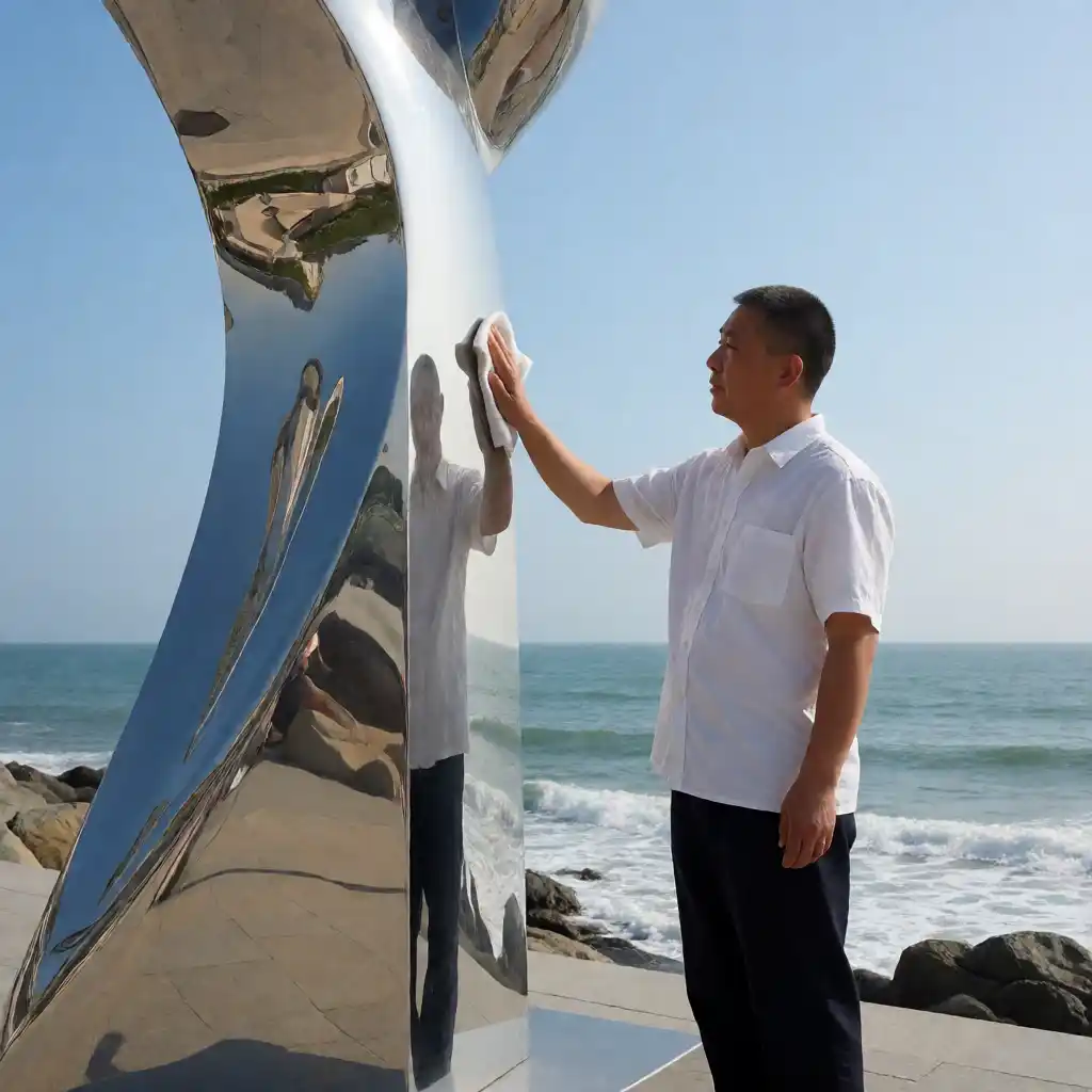 Polished stainless steel sculpture being cleaned on a coastal promenade