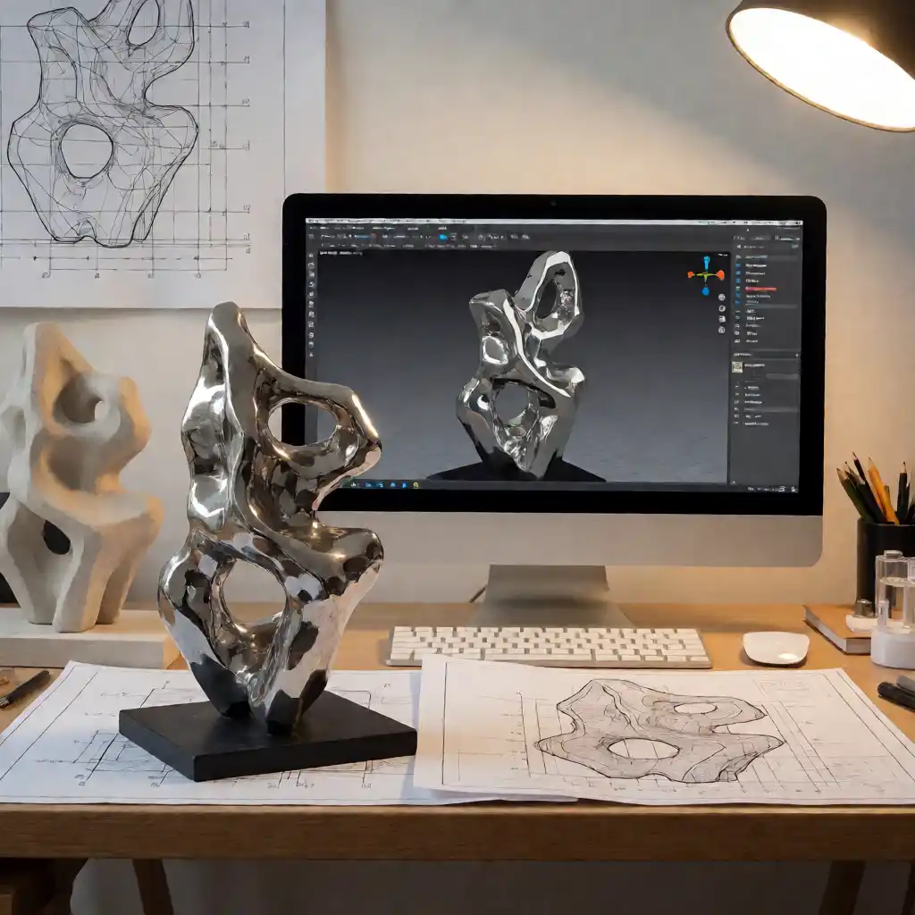 3D model and scale maquette of a stainless steel sculpture on a designer's desk