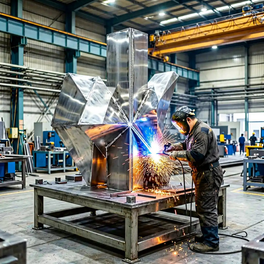Stainless steel sculpture under construction in a fabrication workshop