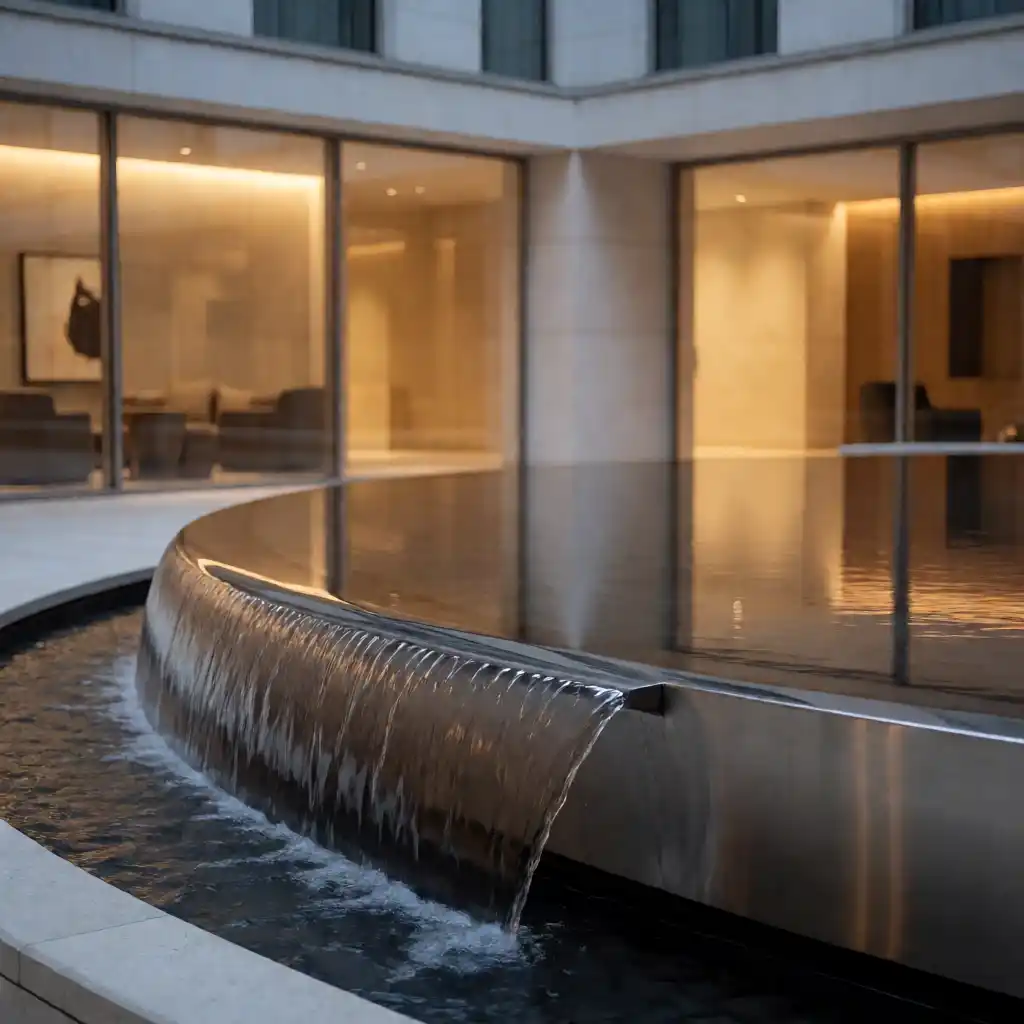 Stainless steel pan water feature with a polished rim in a hotel courtyard